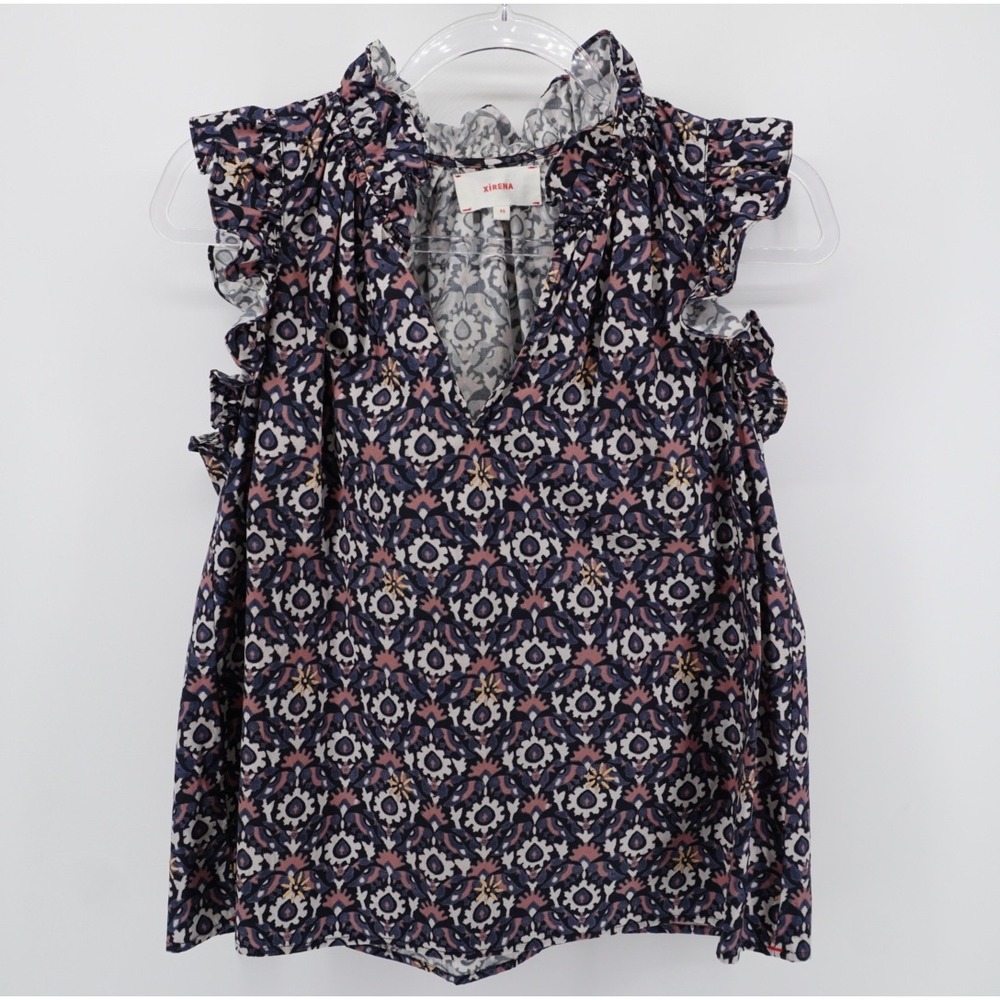 Xirena Navy Pink Medallion Print Ruffle Flutter Sleeve Cotton Blouse XS